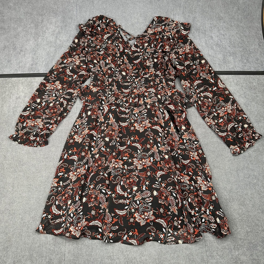 Miss Me Paisley Floral Ruffle Mini Dress Black Rust Medium Long Sleeve Boho Y2k